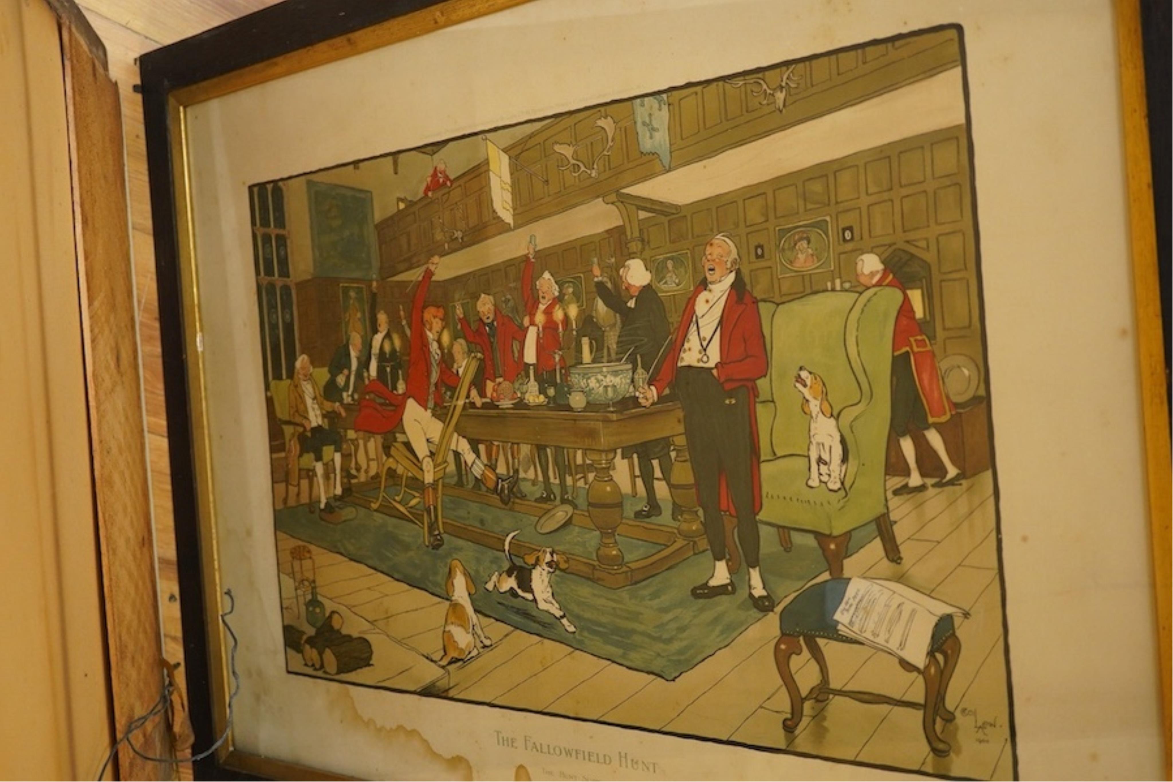 After Cecil Aldin (1870-1935), ‘The Fallowfield Hunt’ to include 'A Check', 'The Hunt Supper' and 'Breaking cover, set of six lithographs, published Lawrence & Bullen, London, unsigned, 53 x 77cm, framed